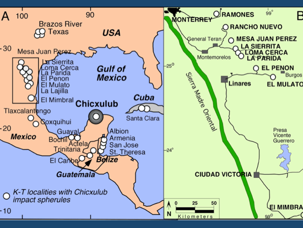 Map of Localities with impact spherules surrounding the Chicxulub