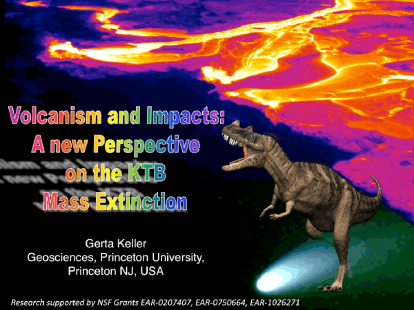 Volcanism and Impacts graphic with dinosaur riding a comet surrounded by molten lava.