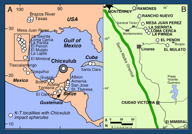 Central American localities showing Impact spherules in specific areas