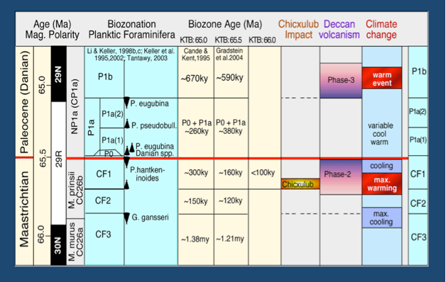 Maastrichtian and Paleocene era chart comparing planktic foraminifera to the change in climate