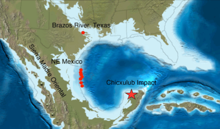 Map of Chicxulub with a star of where the meteor happened