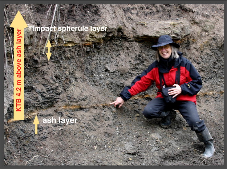 Dr. Gerta Keller points out the ask layer with impact spherule layers above